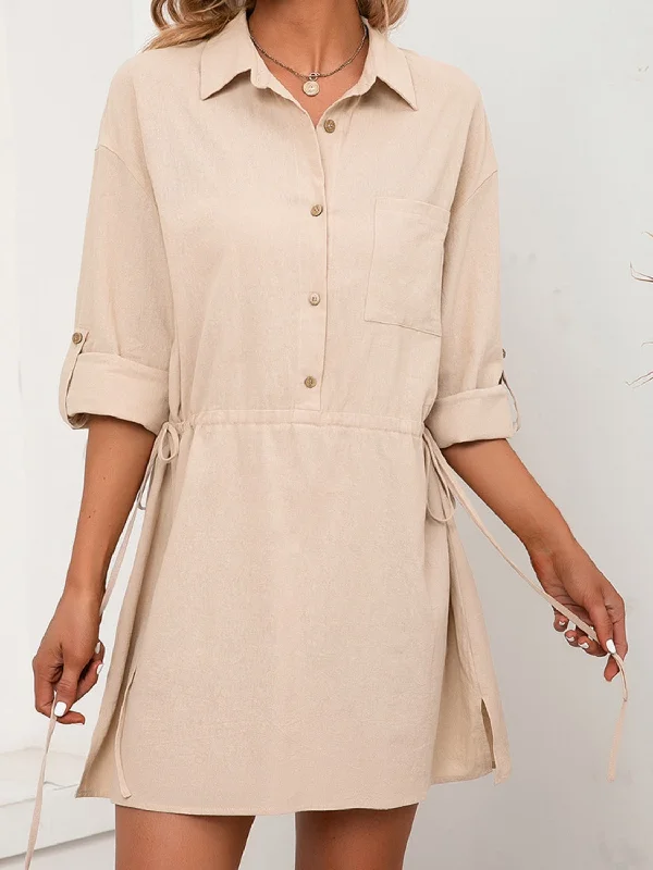 Blue Zone Planet | Drawstring Half Button Roll-Tab Sleeve Dress Breathable unclassified dresses Blue Zone Planet | Drawstring Half Button Roll-Tab Sleeve Dress Breathable unclassified dresses