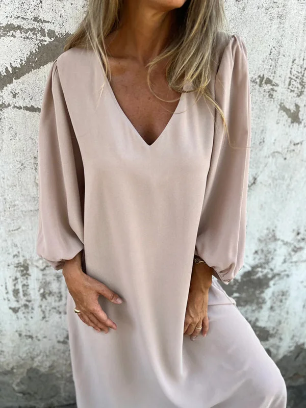 Blue Zone Planet |  loose V-neck solid color lantern sleeve dress Stretchy unclassified dresses