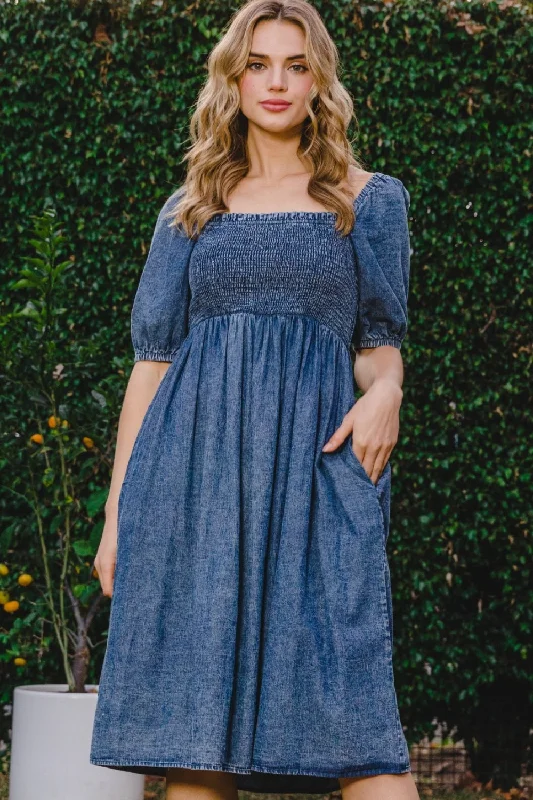 Blue Zone Planet |  ODDI Full Size Washed Smocked Puff Sleeve Dress Open-back unclassified dresses