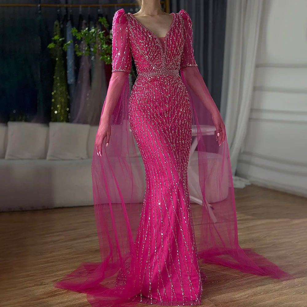 Serene Hill 2024 Saudi Arabia Elegant Fuchsia Mermaid Cape Sleeve Luxury Beaded Evening Gown for Formal Occasion LA72774 Minimalist unclassified dresses