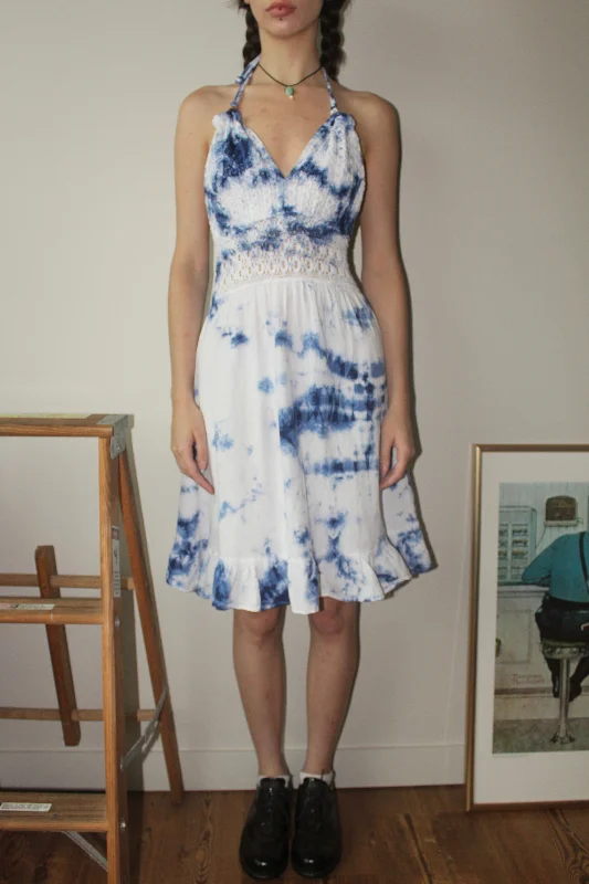 Vintage 90s Tie Dye Ruched Halter Dress (S) Street style unclassified dresses
