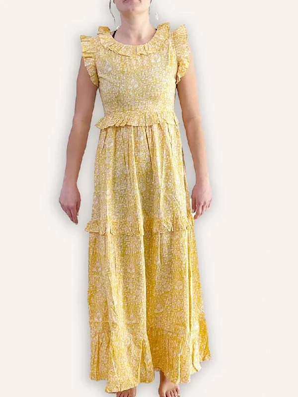 Yellow Paisley Flounce Sleeve Dress Date night unclassified dresses