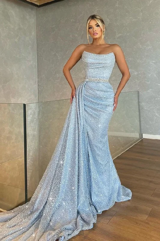 Glamorous Strapless Sequins Mermaid Prom Dress Long With Ruffles Ruffled Maxi Skirt