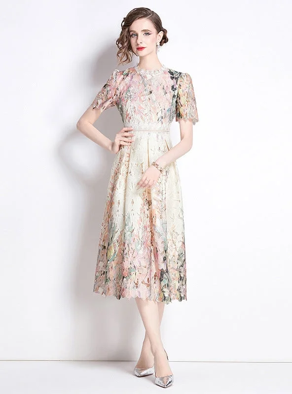 Long Short-sleeved Hollow Lace Dress Casual Maxi Outfit