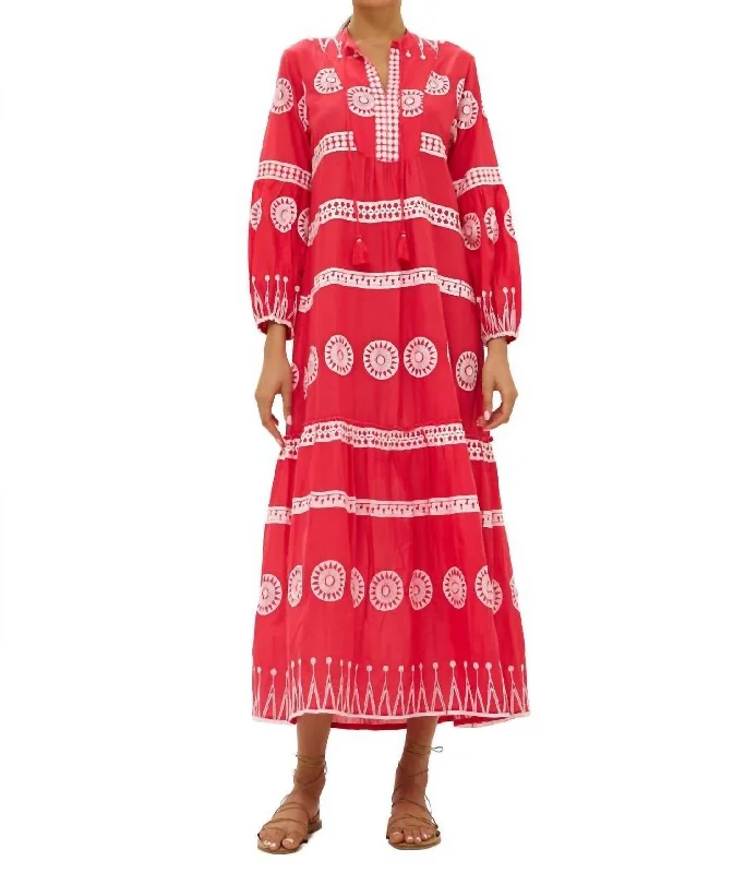 V Neck Maxi Dress In Soleil Red Pleated A-line Skirt