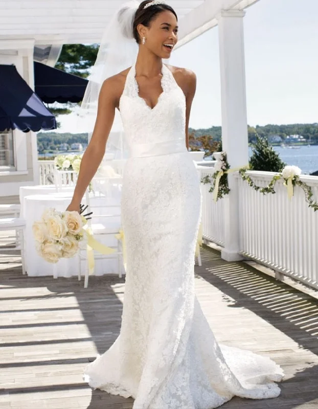 David's Bridal  Allover Beaded Lace with Illusion Halter Neckline Lace Skater Dress