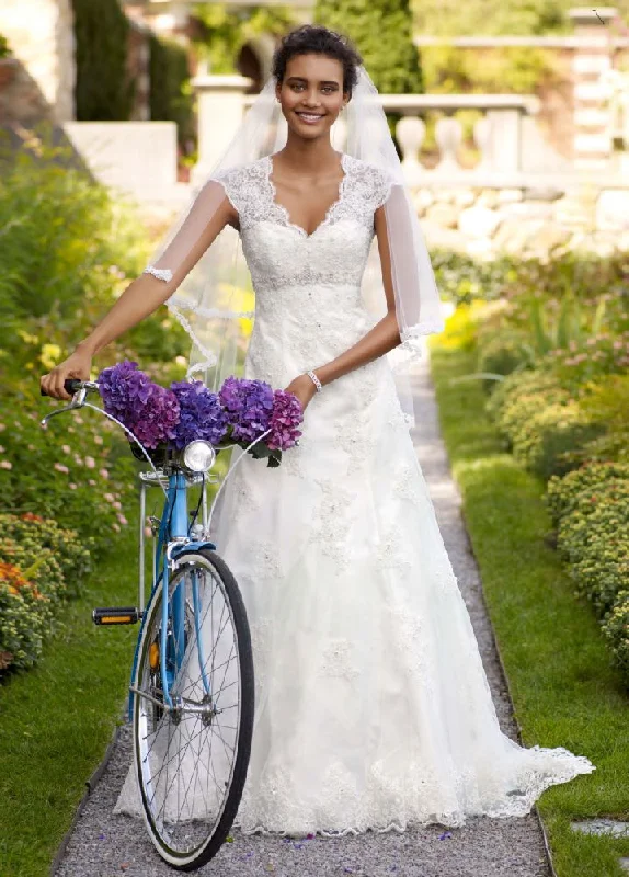 David's Bridal Cap Sleeve Lace Over Satin Gown with Illusion Back Lace Dress Elegance